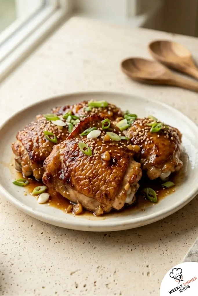 Final plated Soy Garlic Chicken Thighs with sticky glaze, scallions, and sesame seeds