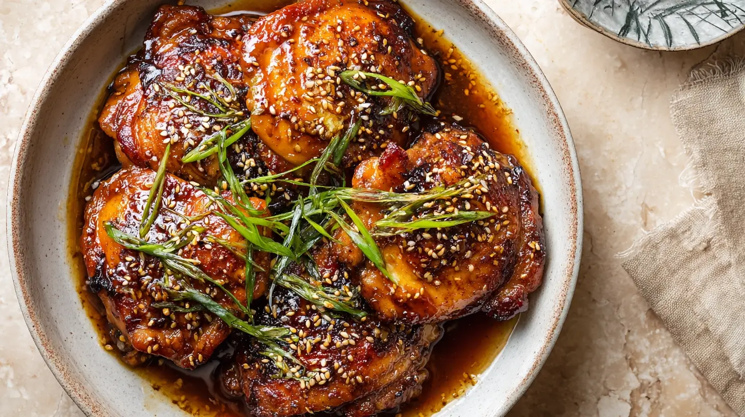 Square recipe image for Soy Garlic Chicken Thighs with sticky glaze and crispy skin