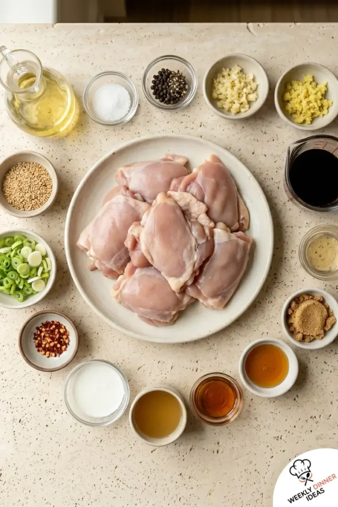 Ingredients for Soy Garlic Chicken Thighs including chicken thighs, soy sauce, garlic, ginger, sesame oil, scallions, and sesame seeds