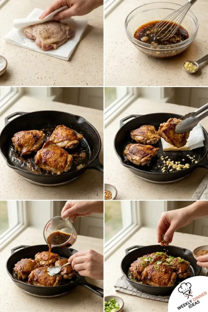 Step-by-step collage showing how to make Soy Garlic Chicken Thighs from seasoning and searing to glazing and garnishing