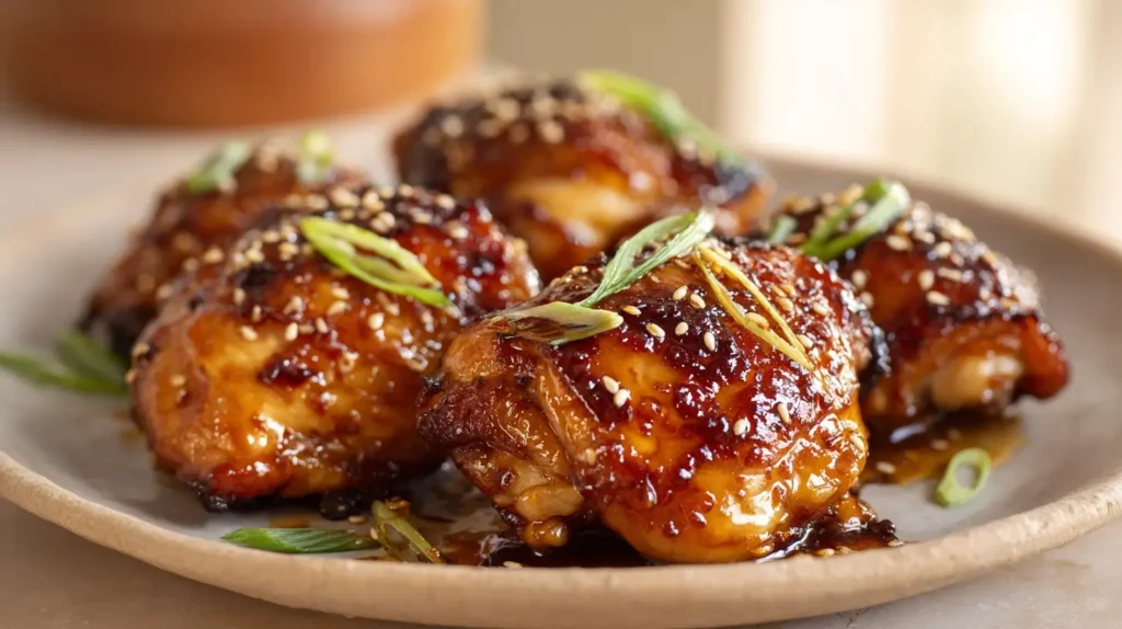 Soy Garlic Chicken Thighs with crispy skin and glossy sticky soy garlic glaze