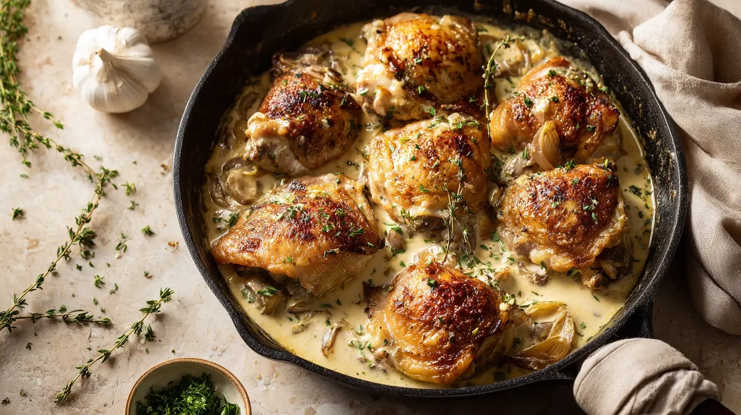 Square recipe image for Creamy Oven Baked Chicken Thighs with crispy skin and creamy sauce