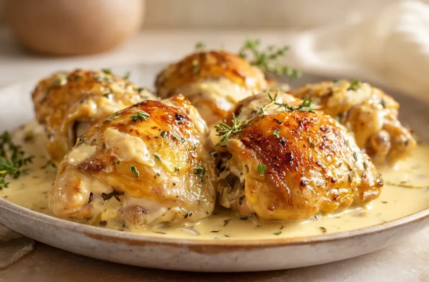 Creamy Oven Baked Chicken Thighs with crispy golden skin and silky garlic cream sauce