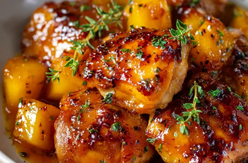 Chicken thighs with peach bourbon glaze coated in a glossy sauce with caramelized edges and fresh herbs.