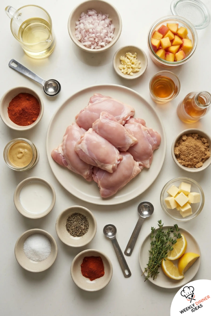 Chicken Thighs with Peach Bourbon Glaze Ingredients Ingredients for chicken thighs with peach bourbon glaze including chicken, peaches, bourbon, Dijon, brown sugar, vinegar, garlic, shallot, butter, herbs, and lemon.