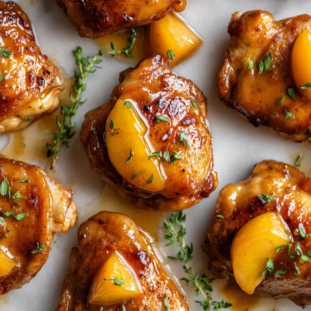 Easy Chicken Thighs with Peach Bourbon Glaze in Just 30 Minutes! 1 Square recipe image of chicken thighs with glossy peach bourbon glaze, soft peaches, and fresh herbs.