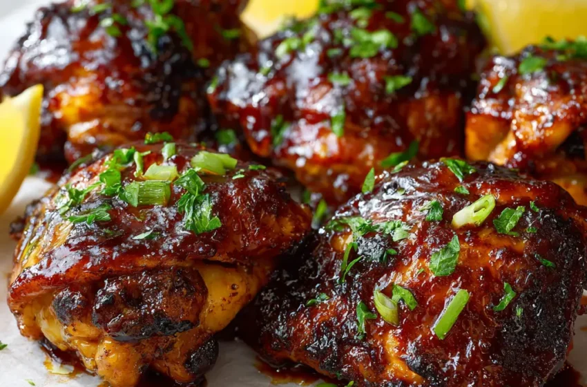 Easy BBQ baked chicken thighs with crispy golden skin, sticky barbecue glaze, parsley or scallions, and lemon wedges.