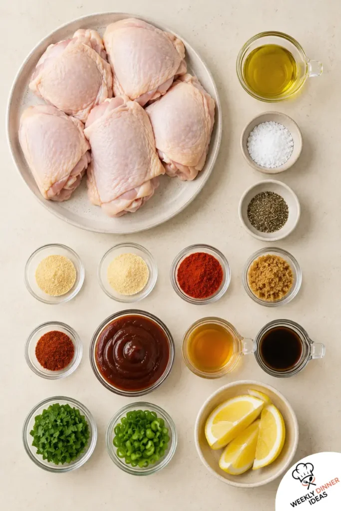 Easy BBQ Baked Chicken Thighs Ingredients Ingredients for easy BBQ baked chicken thighs including chicken thighs, oil, BBQ sauce, smoked paprika, garlic powder, onion powder, brown sugar, vinegar, Worcestershire, herbs, and lemon.