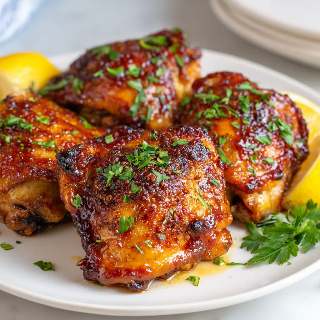 Irresistible Easy BBQ Baked Chicken Thighs for a Delicious Weeknight! 1 Square recipe image of easy BBQ baked chicken thighs with glossy barbecue sauce, crispy skin, fresh garnish, and lemon wedges.