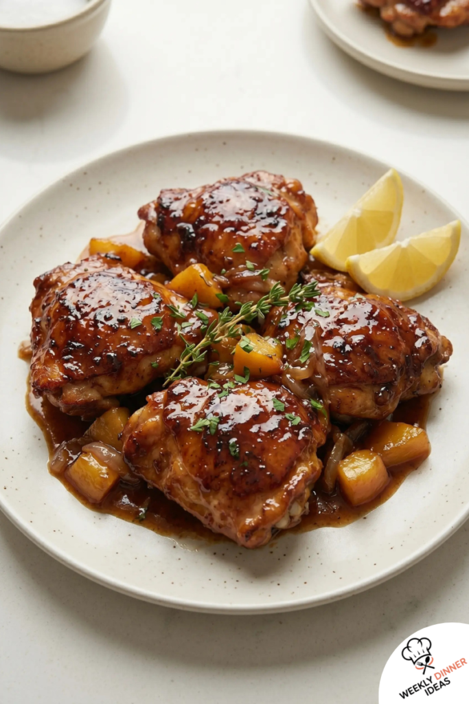 Finished Chicken Thighs with Peach Bourbon Glaze Finished chicken thighs with peach bourbon glaze, caramelized edges, soft peach pieces, herbs, and lemon wedges.