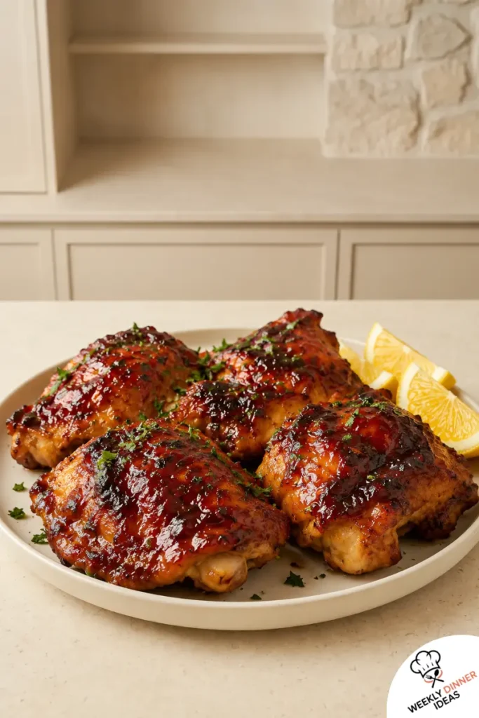 Finished Easy BBQ Baked Chicken Thighs Finished BBQ baked chicken thighs with crispy skin, sticky barbecue glaze, parsley or scallions, and lemon wedges.