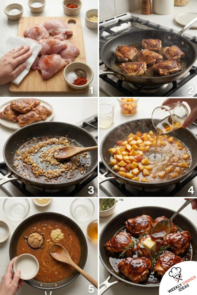 How to Make Chicken Thighs with Peach Bourbon Glaze Six-step photo collage showing how to season, sear, make peach bourbon glaze, thicken, coat, and finish chicken thighs.