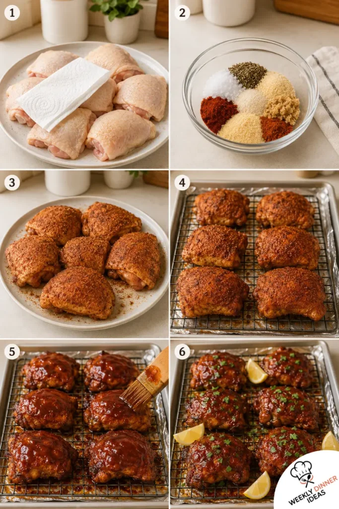 How to Make Easy BBQ Baked Chicken Thighs Six-step photo collage showing how to dry, season, bake, glaze, caramelize, and rest BBQ baked chicken thighs.