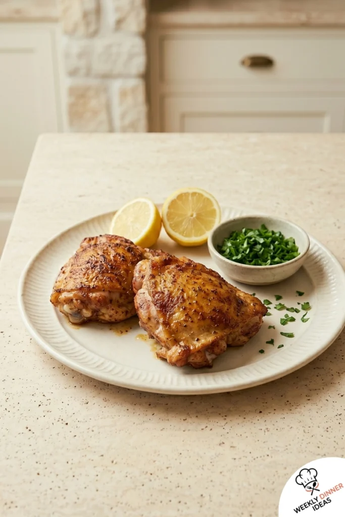 Final Blackstone Chicken Thighs Final plated Blackstone Chicken Thighs with crispy skin, lemon, and fresh herbs