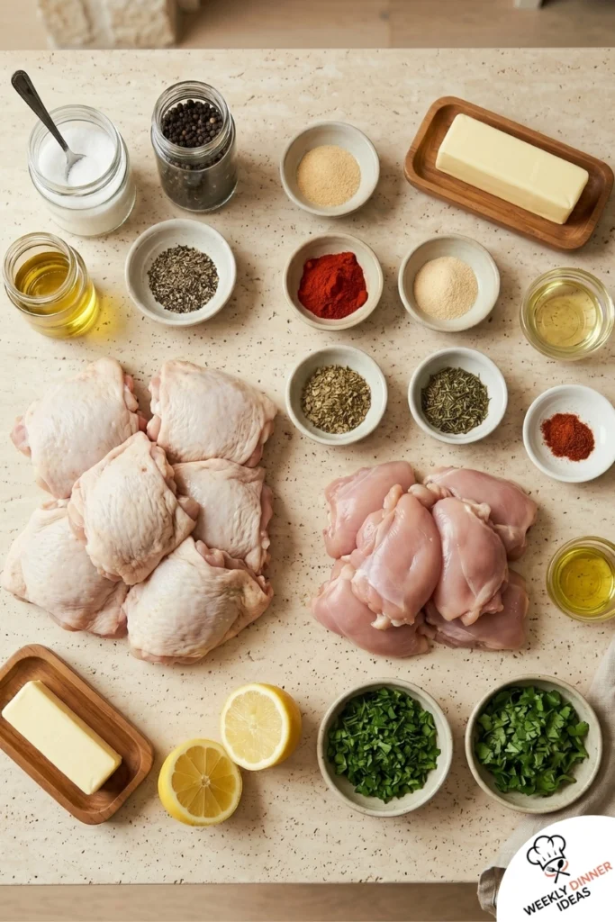 Blackstone Chicken Thighs Ingredients Ingredients for Blackstone Chicken Thighs including chicken thighs, smoked paprika, garlic powder, onion powder, lemon, butter, and herbs