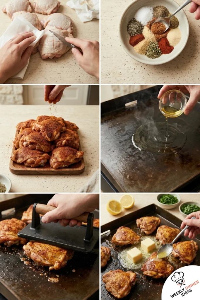 How to Make Blackstone Chicken Thighs Step-by-step collage showing how to make Blackstone Chicken Thighs from seasoning to griddle searing and finishing