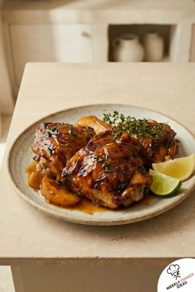Final Chicken Thighs with Peaches and Lemon Honey Butter Sauce Final plated chicken thighs with peaches and lemon honey butter sauce