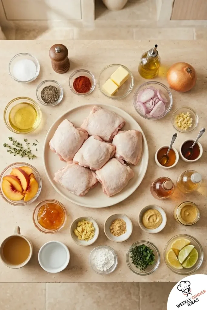 Chicken Thighs with Peaches and Lemon Honey Butter Sauce Ingredients Ingredients for chicken thighs with peaches and lemon honey butter sauce including chicken thighs, peaches, shallots, lemon, honey, butter, and thyme