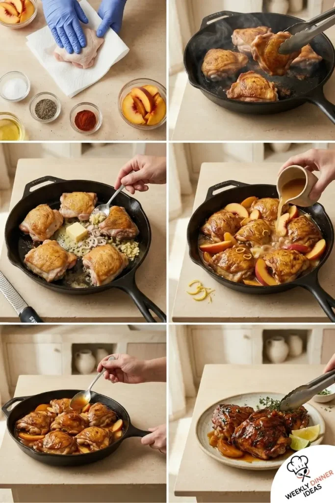 How to Make Chicken Thighs with Peaches and Lemon Honey Butter Sauce Step-by-step collage showing how to make chicken thighs with peaches and lemon honey butter sauce