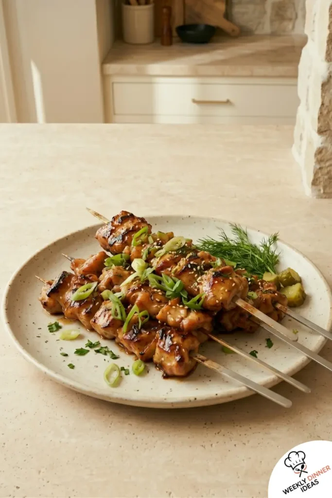 Final Dill Pickle Chicken Skewers Final plated dill pickle chicken skewers with dill and lightly charred edges
