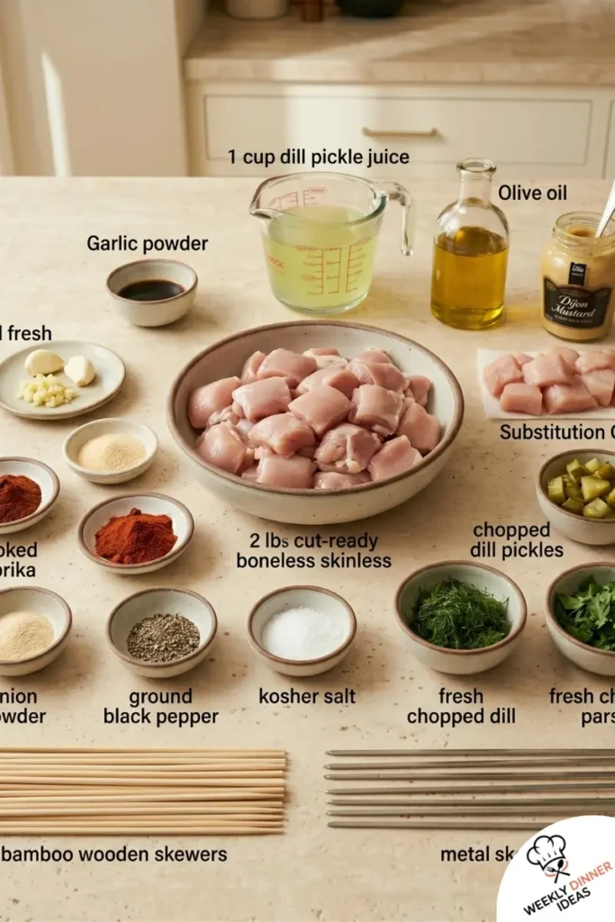Dill Pickle Chicken Skewers Ingredients Ingredients for dill pickle chicken skewers including chicken, pickle juice, Dijon, garlic, paprika, dill, and pickles