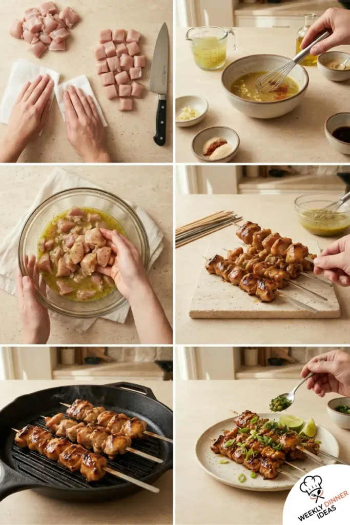 How to Make Dill Pickle Chicken Skewers Step-by-step collage showing how to make dill pickle chicken skewers from marinating to skewering grilling and finishing