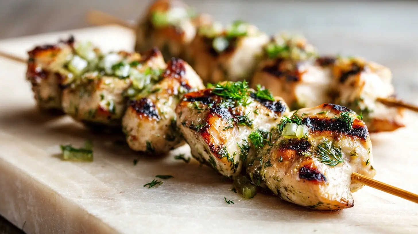 Discover the Irresistible Dill Pickle Chicken Skewers Everyone Loves! 1 Square recipe image for dill pickle chicken skewers with dill and charred edges