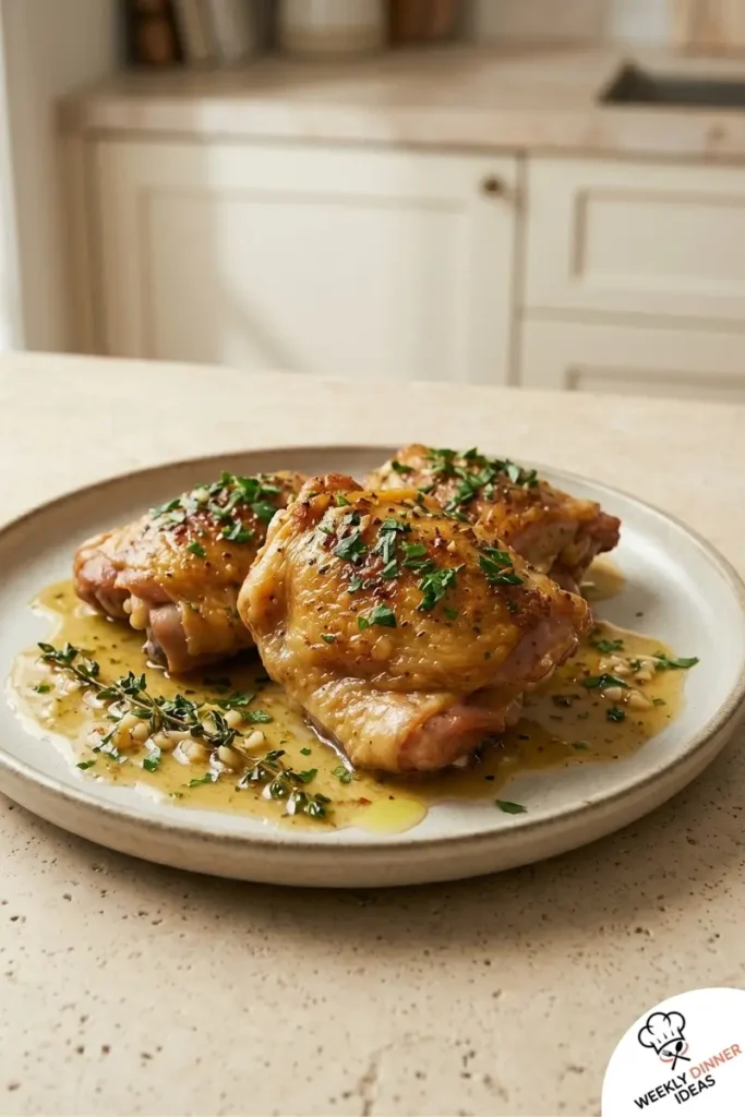 Final plated Garlic Butter Chicken Thighs with crispy skin and garlic butter sauce