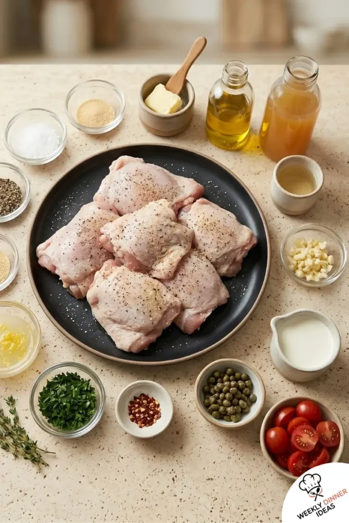 Ingredients for Garlic Butter Chicken Thighs including chicken thighs, butter, garlic, lemon, thyme, parsley, and broth