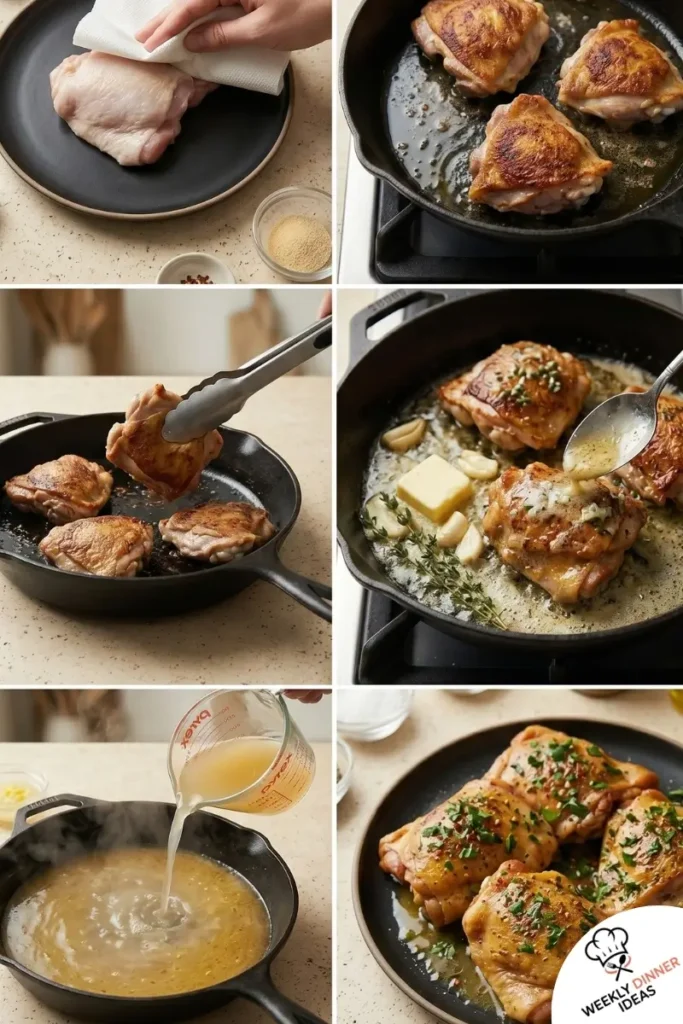 Step-by-step collage showing how to make Garlic Butter Chicken Thighs from seasoning and searing to garlic butter sauce and serving