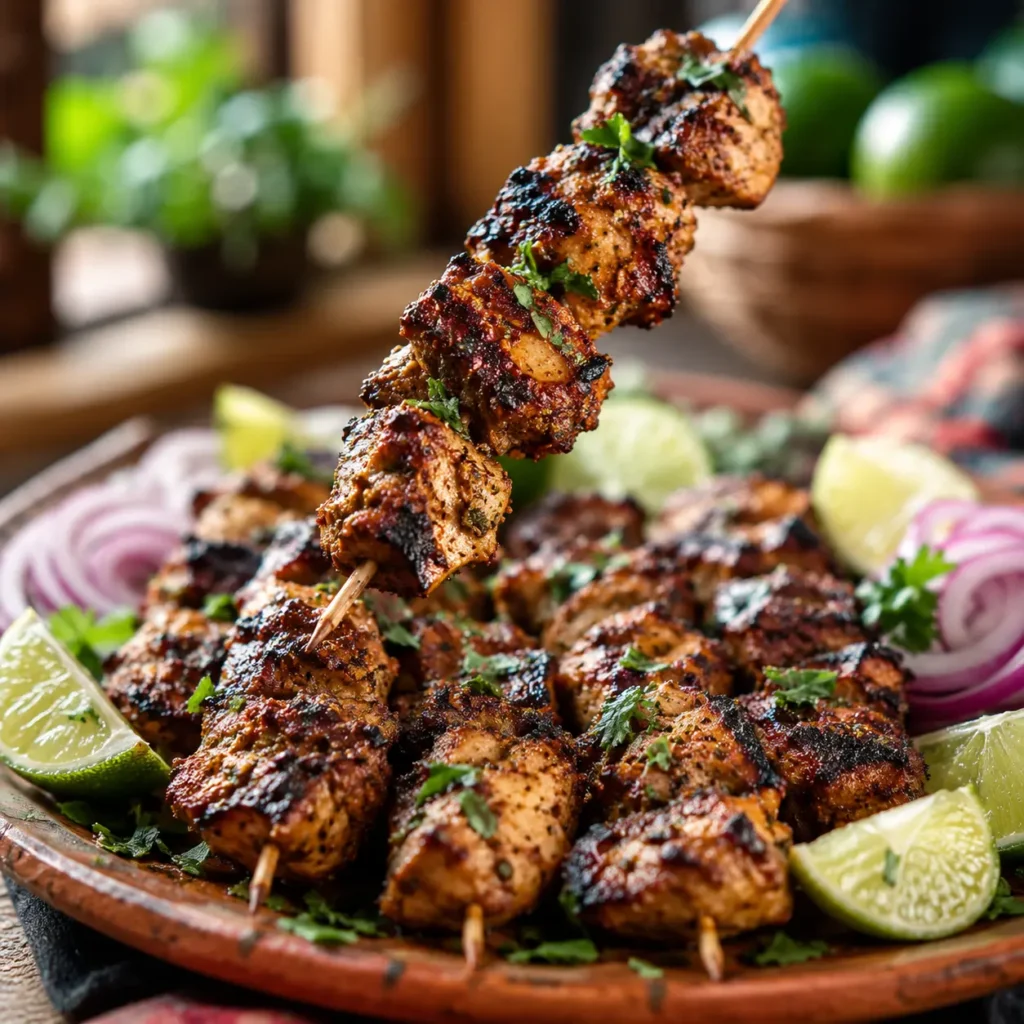 mexican-dry-rub-chicken-skewers-final Close-up of grilled Mexican Dry Rub Chicken Skewers being lifted from a platter.