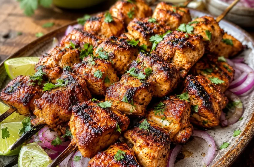 Mexican Dry Rub Grilled Chicken Skewers with lime wedges, cilantro, and sliced red onions.