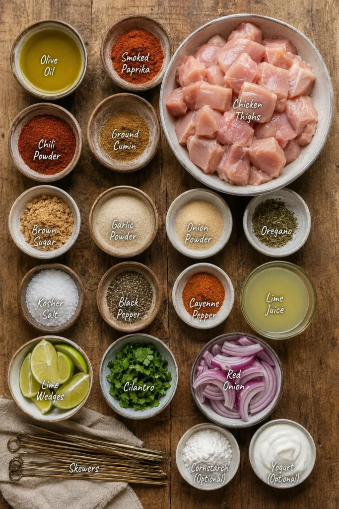 mexican-dry-rub-chicken-skewers-ingredients Ingredients for Mexican Dry Rub Chicken Skewers laid out on a rustic kitchen table.
