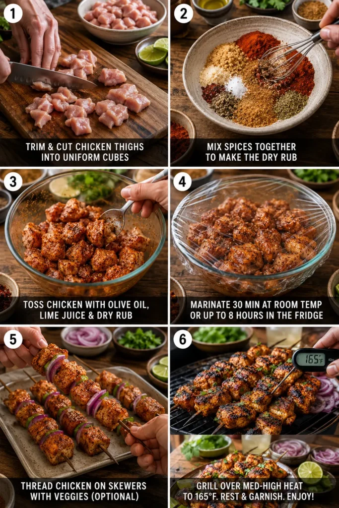 mexican-dry-rub-chicken-skewers-steps Six-step visual guide showing preparation of Mexican Dry Rub Chicken Skewers.