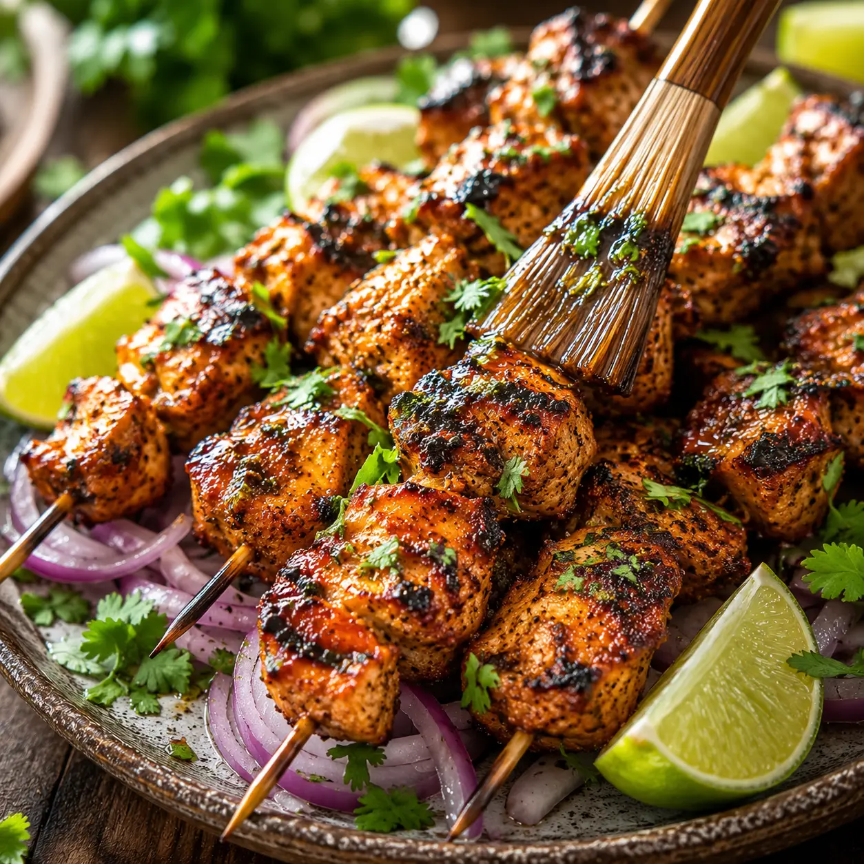 Discover the Ultimate Mexican Dry Rub Grilled Chicken Skewers! 1 Mexican Dry Rub Chicken Skewers arranged neatly on a platter with garnishes for recipe card.