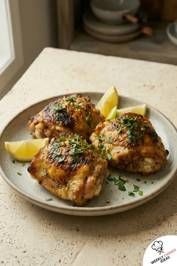 Final plated Moroccan Chicken Thighs with crispy skin, warm spices, herbs, and lemon wedges
