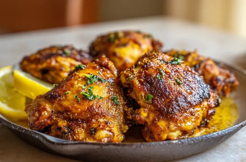 Moroccan Chicken Thighs with crispy golden skin, warm spices, garlic, and lemon