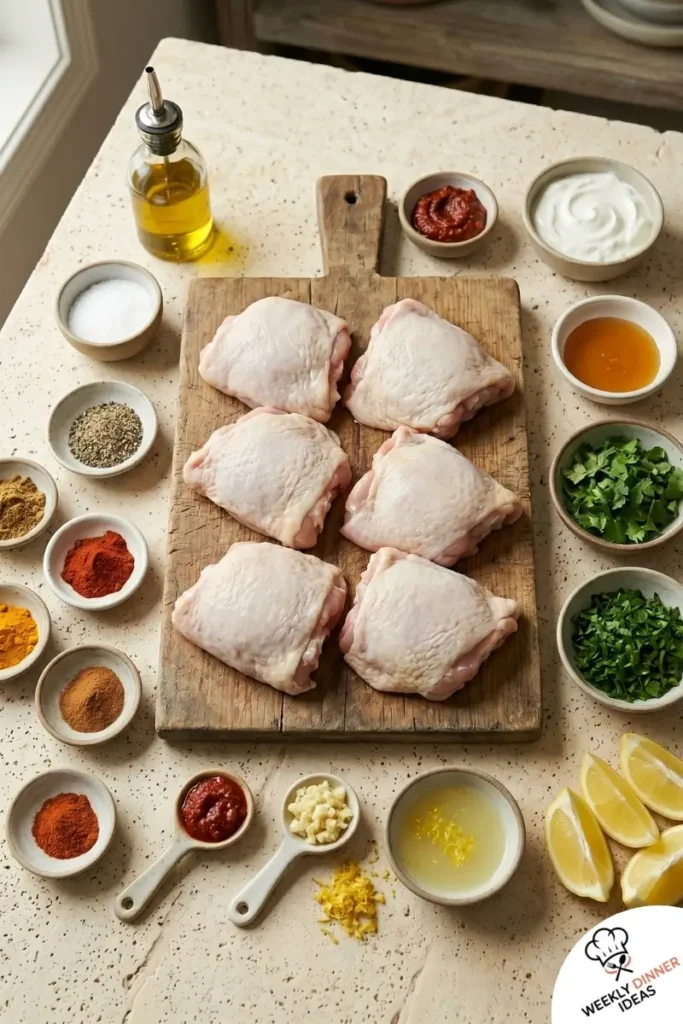 Ingredients for Moroccan Chicken Thighs including chicken thighs, cumin, coriander, paprika, turmeric, cinnamon, garlic, lemon, yogurt, and herbs