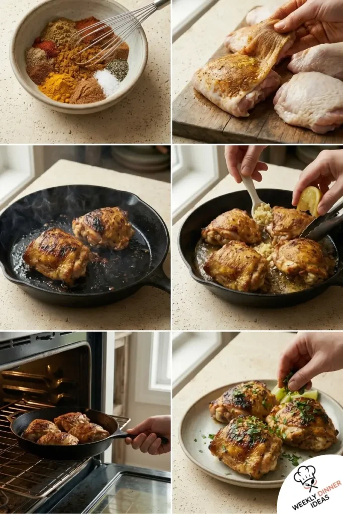 Step-by-step collage showing how to make Moroccan Chicken Thighs from spice rub and searing to roasting and serving