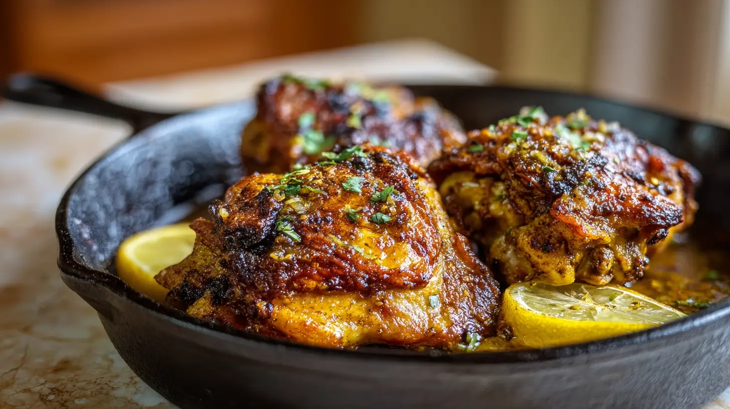 Square recipe image for Moroccan Chicken Thighs with crispy skin and warm spice crust