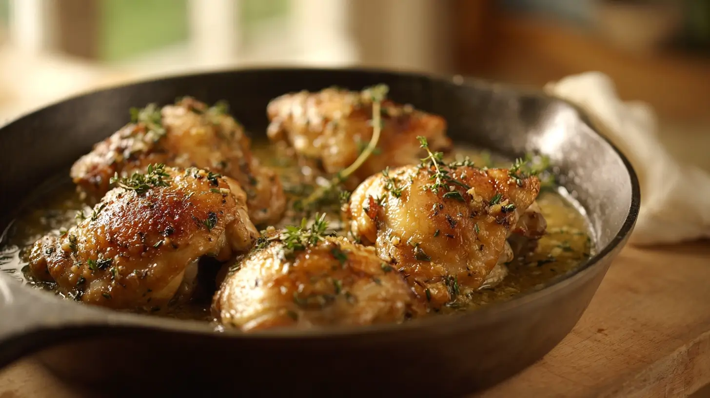 Square recipe image for Garlic Butter Chicken Thighs with crispy skin and buttery garlic sauce