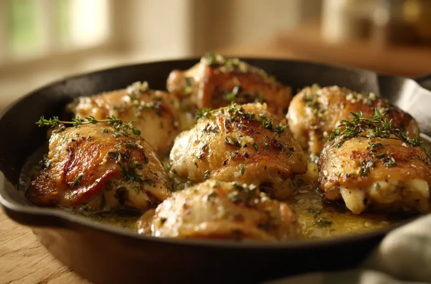 Garlic Butter Chicken Thighs in a skillet with crispy golden skin and glossy garlic butter sauce