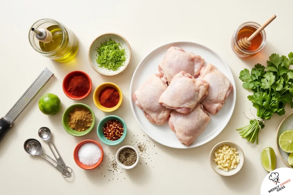 Chili Lime Chicken Thighs Ingredients Ingredients for chili lime chicken thighs including chicken thighs, lime, olive oil, chili powder, smoked paprika, cumin, garlic, honey, cilantro, and spices.