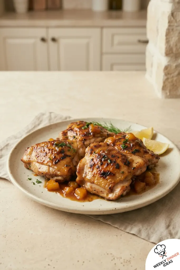 Final Smoked Chicken Thighs with Spicy Peach Glaze Final plate of smoked chicken thighs with glossy spicy peach glaze