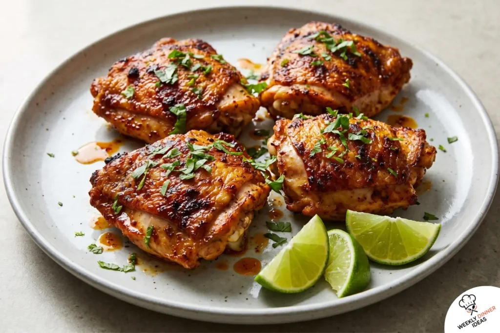 Finished Chili Lime Chicken Thighs Finished chili lime chicken thighs with crispy golden skin, smoky chili coating, fresh cilantro, and lime wedges.