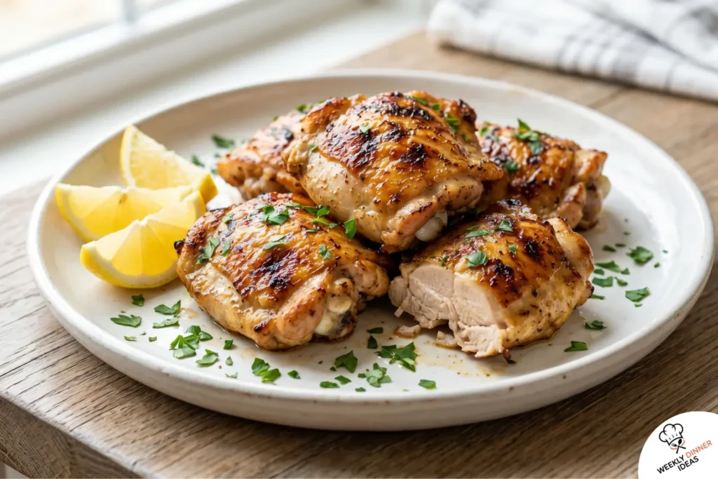 Finished Greek Yogurt Marinated Chicken Thighs Finished Greek yogurt marinated chicken thighs with golden seared exterior, fresh herbs, and lemon wedges.