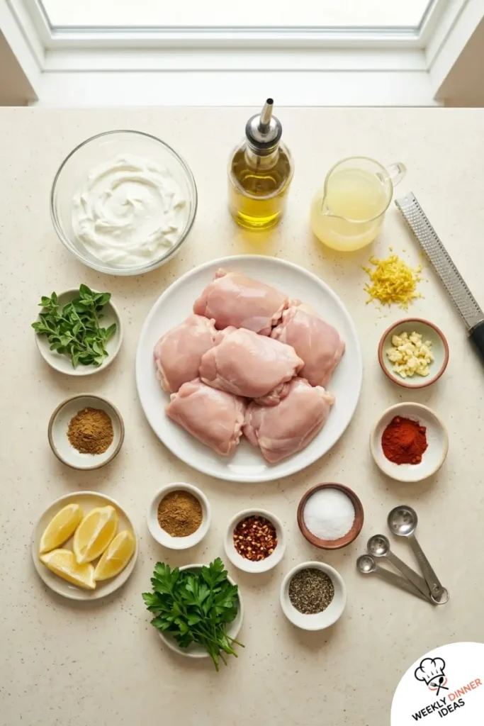 Greek Yogurt Marinated Chicken Thighs Ingredients Ingredients for Greek yogurt marinated chicken thighs including chicken, Greek yogurt, lemon, garlic, olive oil, paprika, oregano, cumin, herbs, and lemon wedges.