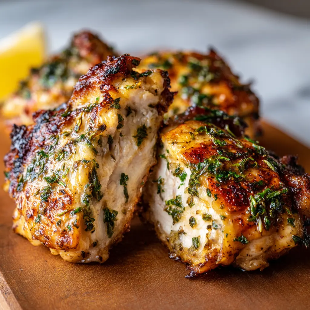 Whip Up Irresistible Greek Yogurt Marinated Chicken Thighs in 30 Minutes 1 Square recipe image of Greek yogurt marinated chicken thighs with golden sear, herbs, and lemon wedges.