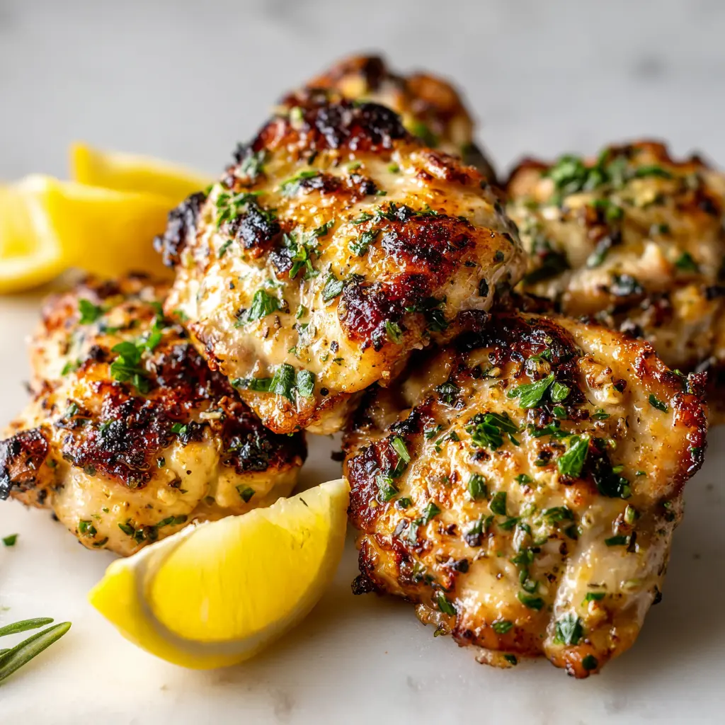 Greek yogurt marinated chicken thighs with golden seared edges, parsley or cilantro, and lemon wedges.