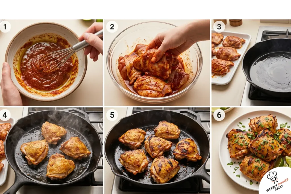 How to Make Chili Lime Chicken Thighs Six-step photo collage showing how to marinate, sear, finish, rest, and garnish chili lime chicken thighs.